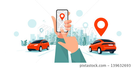 Traffic on the Highway and Hands with Smartphone Car App and City Skyline 139632693
