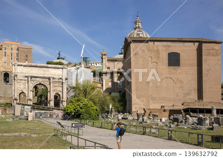 Rome, Italy - August 17, 2019: View of the ancient structures of the Roman Forum Rome, Italy - August 17, 2019: View of the ancient structures of the Roman Forum 139632792