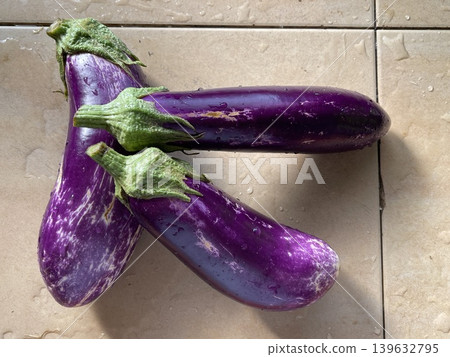 Three Fresh Purple Eggplants Solanum Melongena On Kitchen Countertop Three Fresh Purple Eggplants Solanum Melongena On Kitchen Countertop 139632795