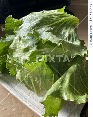 Fresh Green Iceberg Lettuce Lactuca Sativa With Water Droplets On White Cutting Board Fresh Green Iceberg Lettuce Lactuca Sativa With Water Droplets On White Cutting Board 139632873