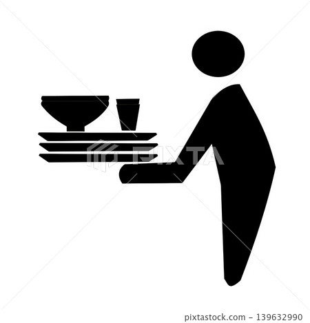 A pictogram of a person carrying dishes on a tray. A pictogram of a person carrying dishes on a tray. 139632990