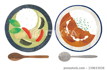 水彩畫描繪了綠咖哩和奶油雞肉咖哩 139633036