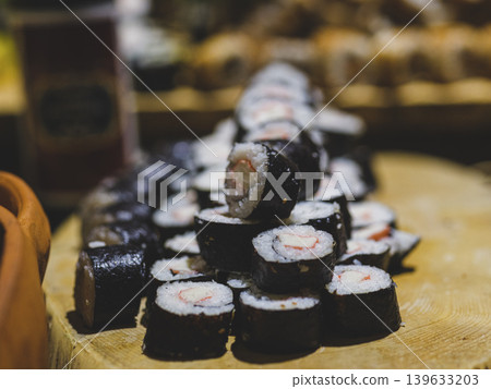 traditional japanese sushi dishes at a hotel buffet traditional japanese sushi dishes at a hotel buffet 139633203