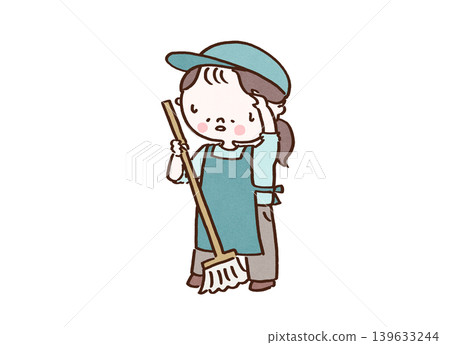 一名女清潔工一手拿著拖把,疲憊地嘆了口氣。 一名女清潔工一手拿著拖把,疲憊地嘆了口氣。 139633244