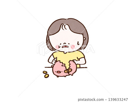 一位女士含淚用繃帶修補破損的存錢筒（身陷債務/經濟危機）。 139633247