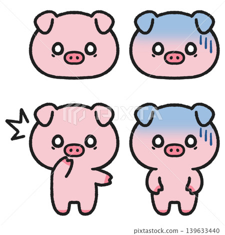 A set of illustrations of pigs with surprised, shocked, and astonished expressions. A set of illustrations of pigs with surprised, shocked, and astonished expressions. 139633440