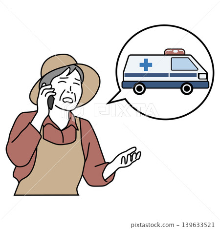 A color line drawing illustration of a female farmer who calls an ambulance after suffering from heatstroke while working in the fields. A color line drawing illustration of a female farmer who calls an ambulance after suffering from heatstroke while working in the fields. 139633521