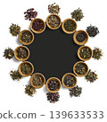 Colorful herb presentation. Bright circular arrangement showcasing dried herbs and tea blends 139633533
