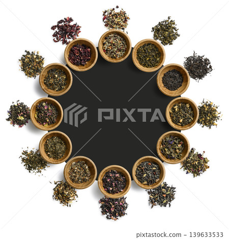 Colorful herb presentation. Bright circular arrangement showcasing dried herbs and tea blends Colorful herb presentation. Bright circular arrangement showcasing dried herbs and tea blends 139633533