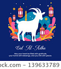 Eid mubarak decorative arabic islamic banner design, Social Media Greeting Post Design with Crescent Moon, Hanging Star and Arabic Lamps on Golden and Teal Islamic Pattern Background.  139633789