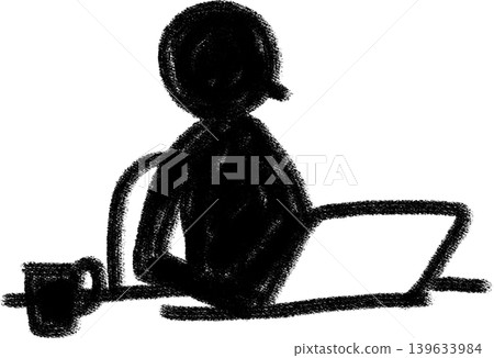 A hand-painted silhouette icon of a person working on a computer, with a cup of coffee beside them, showing only the upper body. A hand-painted silhouette icon of a person working on a computer, with a cup of coffee beside them, showing only the upper body. 139633984