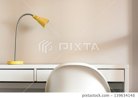 Minimal workspace with yellow desk lamp and chair, copy space background Minimal workspace with yellow desk lamp and chair, copy space background 139634148