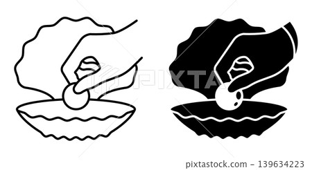 Linear icon. Hand of a lucky man takes out a found pearl from an open pearl shell. Simple black and white vector symbol isolated on white background Linear icon. Hand of a lucky man takes out a found pearl from an open pearl shell. Simple black and white vector symbol isolated on white background 139634223