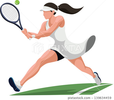 Female tennis player hitting ball illustration Female tennis player hitting ball illustration 139634459