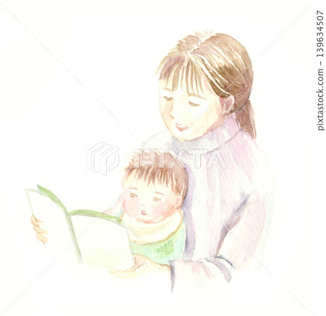 A watercolor illustration of a baby being read a picture book by its mother. 139634507