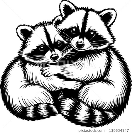 Cute Raccoons Hugging Black and White Illustration Cute Raccoons Hugging Black and White Illustration 139634547
