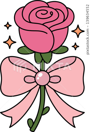 Cute Pink Rose with Ribbon and Sparkles Illustration Cute Pink Rose with Ribbon and Sparkles Illustration 139634552