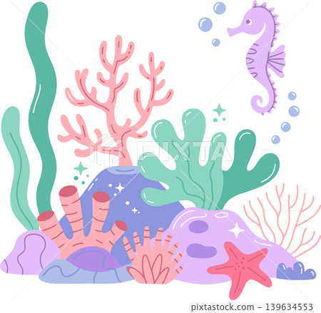 Cute Underwater Coral Reef Scene with Seahorse and Sea Plants Cute Underwater Coral Reef Scene with Seahorse and Sea Plants 139634553