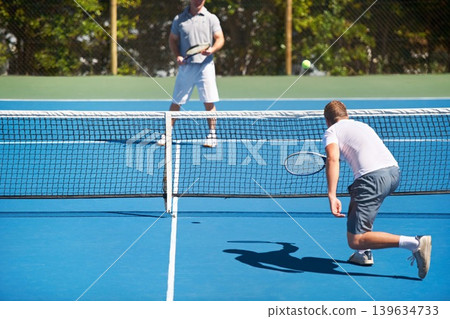 Tennis, game and men with fitness, back and competition with training and challenge with a match. Players, friends and guys with rackets and court with workout and sunshine with sports and ball Tennis, game and men with fitness, back and competition with training and challenge with a match. Players, friends and guys with rackets and court with workout and sunshine with sports and ball 139634733