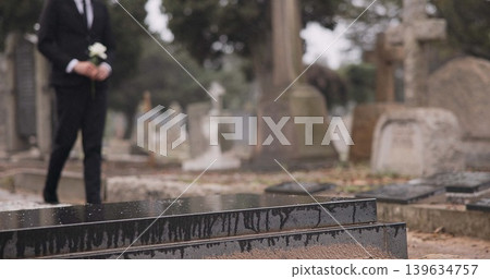 Funeral, walking in cemetery and man with flower for remembrance, burial ceremony and memorial service. Depression, death and sad person with rose for mourning, grief or loss in graveyard for respect Funeral, walking in cemetery and man with flower for remembrance, burial ceremony and memorial service. Depression, death and sad person with rose for mourning, grief or loss in graveyard for respect 139634757
