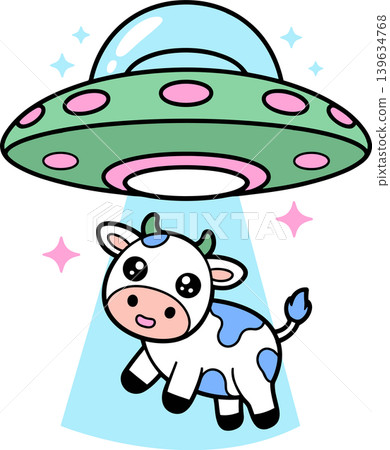 Cute Cartoon Cow Abducted by UFO Illustration Cute Cartoon Cow Abducted by UFO Illustration 139634768