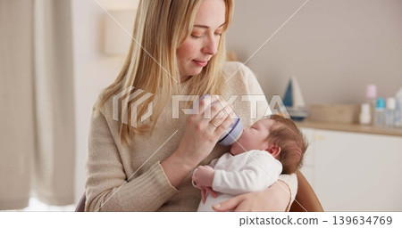 Milk, bottle and a mother feeding her baby in a bedroom of their home together for love, growth or care. Family, nutrition or formula and a newborn infant drinking with a woman parent in apartment 139634769