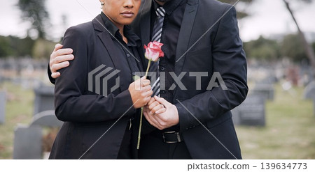 Rose, death or couple in cemetery for funeral. spiritual service or burial to repsect the Christian religion. Mourning, depressed or sad people hug in graveyard for grief, loss or goodbye farewell Rose, death or couple in cemetery for funeral. spiritual service or burial to repsect the Christian religion. Mourning, depressed or sad people hug in graveyard for grief, loss or goodbye farewell 139634773