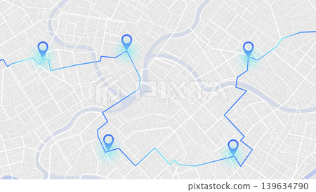 GPS navigator screen with street roads and location, destination points City top view. Online navigation. Flat style, Vector, illustration isolated. Urban highway plan, final destination 139634790