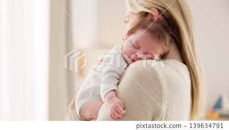 Care, love and mother with baby for bonding, relationship and child development together at home. New born, motherhood and happy mom carry infant for sleeping, support and affection in nursery room 139634791