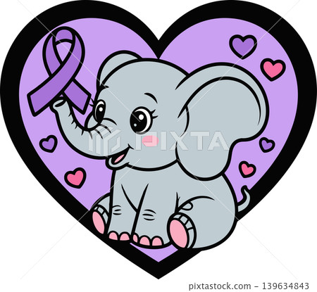 Cute Elephant with Alzheimer's Awareness Ribbon in Heart	 139634843