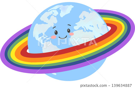 Cute Earth illustration surrounded by a rainbow ring representing Pride Month, diversity, and global unity. Cute Earth illustration surrounded by a rainbow ring representing Pride Month, diversity, and global unity. 139634887