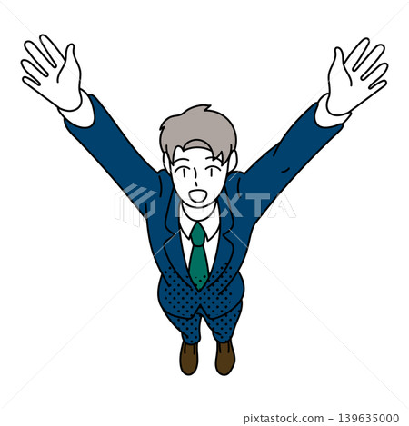 An illustration of a businessman raising both hands in joy. An illustration of a businessman raising both hands in joy. 139635000