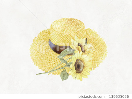 Illustration of sunflowers and a straw hat Illustration of sunflowers and a straw hat 139635036