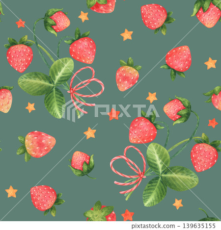 Summer cute cartoon seamless pattern with strawberries and stars. Garden or forest berries in children style. Watercolor illustration isolated on a green background. Ideal for package, textile, print Summer cute cartoon seamless pattern with strawberries and stars. Garden or forest berries in children style. Watercolor illustration isolated on a green background. Ideal for package, textile, print 139635155