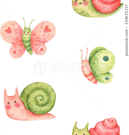 A simple seamless pattern of snails and butterflies. Forest or garden insects and snails in cartoon style. Funny and cute characters. Hand-drawn watercolor illustration isolated on a white background A simple seamless pattern of snails and butterflies. Forest or garden insects and snails in cartoon style. Funny and cute characters. Hand-drawn watercolor illustration isolated on a white background 139635157