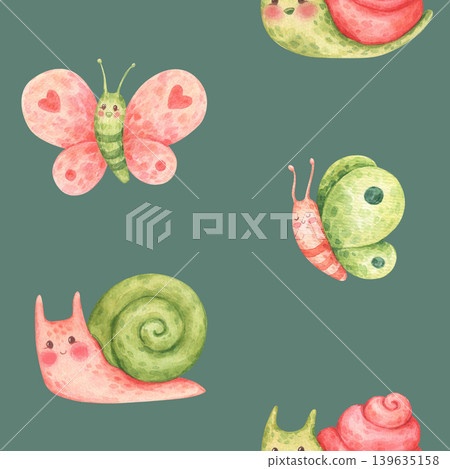 A simple seamless pattern of snails and butterflies. Forest or garden insects and snails in cartoon style. Funny and cute characters. Hand-drawn watercolor illustration isolated on a green background A simple seamless pattern of snails and butterflies. Forest or garden insects and snails in cartoon style. Funny and cute characters. Hand-drawn watercolor illustration isolated on a green background 139635158