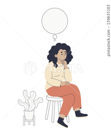 Hispanic Woman Sitting on Stool Thinking with Empty Thought Bubble. Young Latina Girl Dreaming near Houseplant. Flat Minimalist Vector Illustration. Pensive Character for Idea and Home Lifestyle. Hispanic Woman Sitting on Stool Thinking with Empty Thought Bubble. Young Latina Girl Dreaming near Houseplant. Flat Minimalist Vector Illustration. Pensive Character for Idea and Home Lifestyle. 139635165