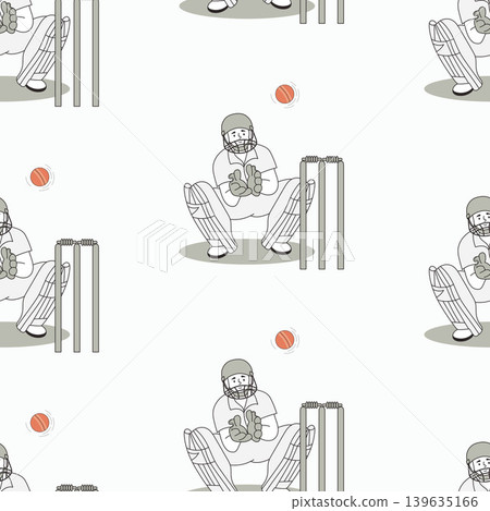 Professional Cricket Wicket Keeper Seamless Pattern. Player In Protective Gear Near Stumps, Red Ball Action on Light Background. Minimalist Vector Illustration. Professional Cricket Wicket Keeper Seamless Pattern. Player In Protective Gear Near Stumps, Red Ball Action on Light Background. Minimalist Vector Illustration. 139635166