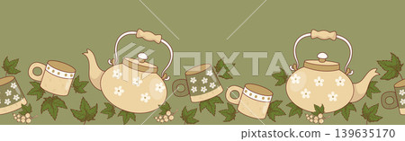Seamless Border Ceramic Teapots, Mugs and White Currant on Olive Green Background. Handcrafted Kitchenware Ribbon. Artisan Pottery Kettle Trim. Horizontal Vector Illustration. Header with Copy Space. Seamless Border Ceramic Teapots, Mugs and White Currant on Olive Green Background. Handcrafted Kitchenware Ribbon. Artisan Pottery Kettle Trim. Horizontal Vector Illustration. Header with Copy Space. 139635170
