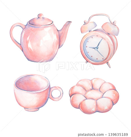 Teapot, mug, saucer, alarm clock. Pink watercolor tea set for morning tea or breakfast coffee. Cute hand-drawn set. Toy teaware for girls in pastel colors. Ceramic kitchenware for design and printing. Teapot, mug, saucer, alarm clock. Pink watercolor tea set for morning tea or breakfast coffee. Cute hand-drawn set. Toy teaware for girls in pastel colors. Ceramic kitchenware for design and printing. 139635189
