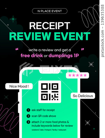 Restaurant Receipt Review Event Poster Template with QR Code and Black Background Restaurant Receipt Review Event Poster Template with QR Code and Black Background 139635388