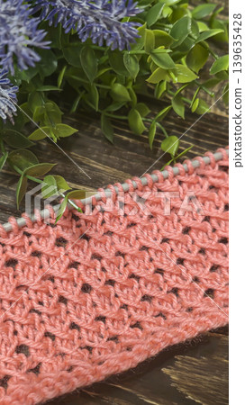 Knitting patterns with a raised pattern and yarn in different colors. Copy space Knitting patterns with a raised pattern and yarn in different colors. Copy space 139635428