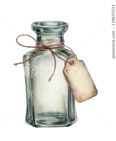 Vintage glass bottle with paper tag watercolor illustration. Empty apothecary jar, transparent green vial, jute twine rope bow and empty cardboard label for herbal tea packaging, craft design Vintage glass bottle with paper tag watercolor illustration. Empty apothecary jar, transparent green vial, jute twine rope bow and empty cardboard label for herbal tea packaging, craft design 139635533