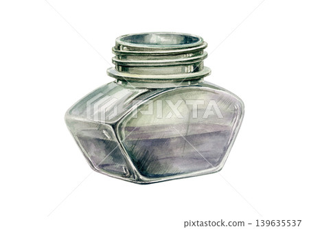 Vintage glass inkwell watercolor illustration. Antique ink bottle for apothecary recipe writing, calligraphy stationery design, poet journal graphics and historical script branding element Vintage glass inkwell watercolor illustration. Antique ink bottle for apothecary recipe writing, calligraphy stationery design, poet journal graphics and historical script branding element 139635537