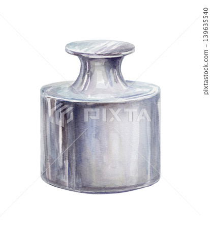 Apothecary metal weight watercolor illustration for herbal pharmacy. Antique pharmaceutical mass for balance scales, vintage laboratory equipment branding and organic medicine packaging graphics 139635540