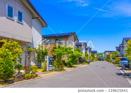 A quiet eco-town with underground power lines and solar power generation. A quiet eco-town with underground power lines and solar power generation. 139635641