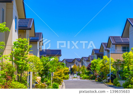 A quiet eco-town with underground power lines and solar power generation. A quiet eco-town with underground power lines and solar power generation. 139635683