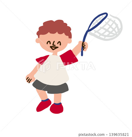 Illustration of a boy holding a bug net Illustration of a boy holding a bug net 139635821