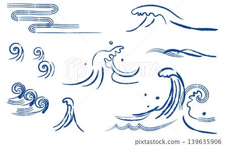 Japanese-style wave illustration set - blue Japanese-style wave illustration set - blue 139635906