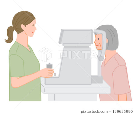 插圖描繪了一位老年婦女在醫院體檢時接受護士的眼壓測試。 139635990